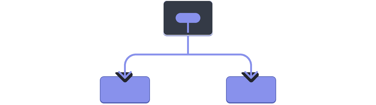 Un diagramme avec une arborescence de trois composants. Le parent contient une bulle représentant un valeur surlignée en violet. La valeur est transmise à ses deux enfants, toutes deux surlignées en violet.